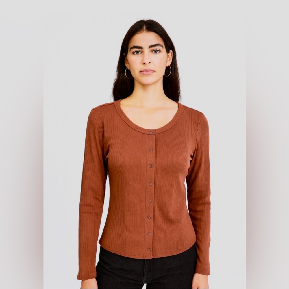 American Eagle Outfitters Brown Long Sleeve Ribbed Snap Button Top Size L